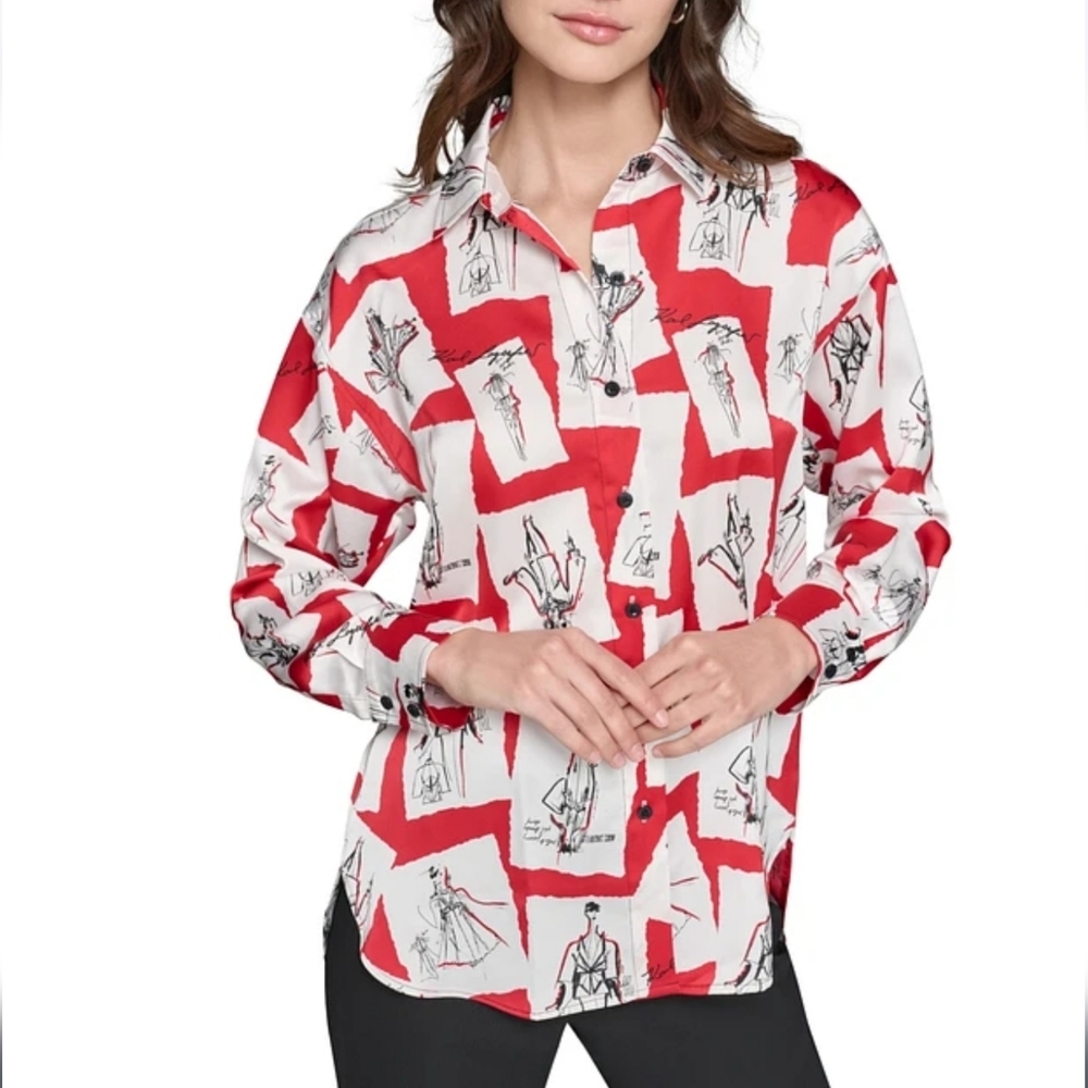Karl Lagerfeld Red and White Graphic Button Down Shirt